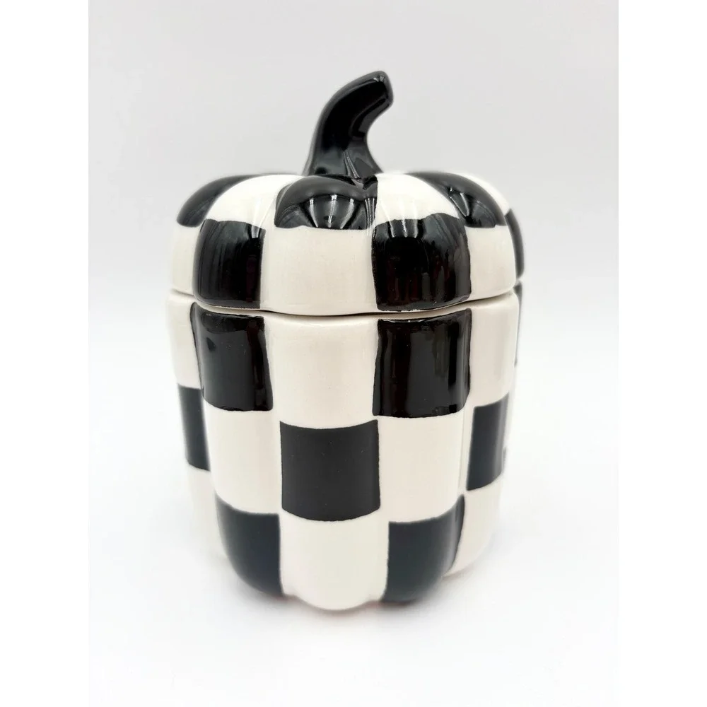 Checkered‎ Pumpkin Jar with Lid Black and White Ceramic Decor Courtly Check